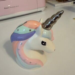 Pastel Ceramic Unicorn Head Coin Bank with Silver Horn - Like New